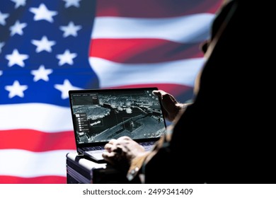 USA FBI agent combating organized crime and terrorism using detection system on laptop, close up shot. American officer protecting national sovereignty by tracking terrorists entering country