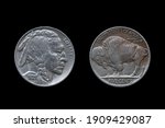 USA five cents Buffalo Indian Head nickel coin dated 1935 front and back (obverse and reverse) cut out and isolated on a black background, stock photo image