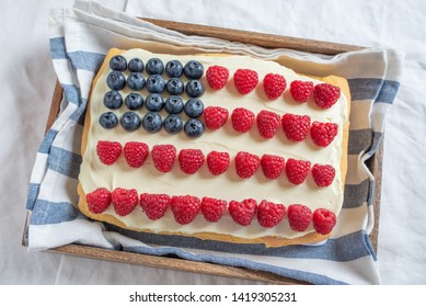  USA Flag Cake, Patriotic 4th Of July Dessert On A Table