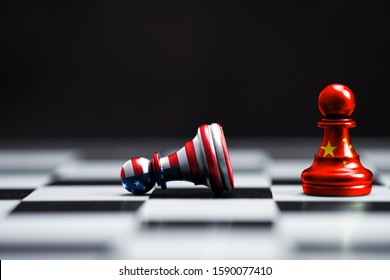 USA flag and China flag print screen on pawn chess with black background.It is symbol of tariff trade war tax barrier between United States of America and China.-Image.
