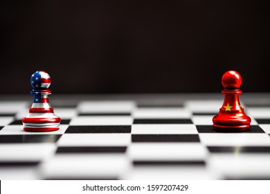 USA flag and China flag print screen on pawn chess.It is symbol of tariff trade war and tax barrier between United States of America and China.-Image.