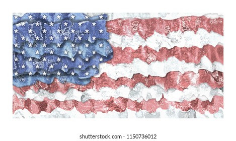 USA flag, collage, Background or American holidays (Patriot Day, Labor Day). Blue, white and red stripes. Hand drawing. Strips of paper, text, pattern. - Shutterstock ID 1150736012