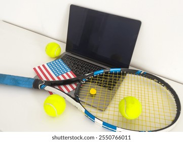 usa flag concept with tennis racket and laptop on top view.  - Powered by Shutterstock