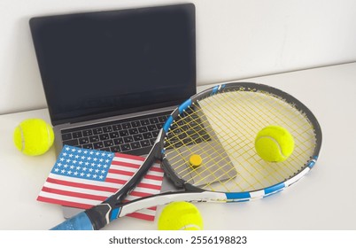 usa flag concept with tennis racket and laptop on top view.  - Powered by Shutterstock