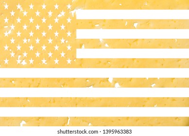 USA Flag Cut Out Of Cheese, As A Symbol Of The Import Or Export Of Cheese On A White Isolated Background. Horizontal Frame