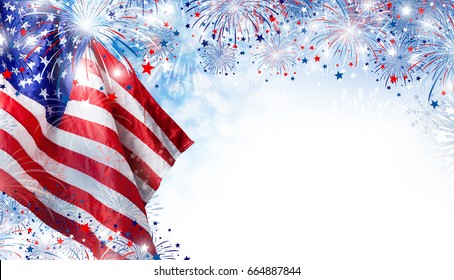 USA Flag With Fireworks Background For 4 July Independence Day