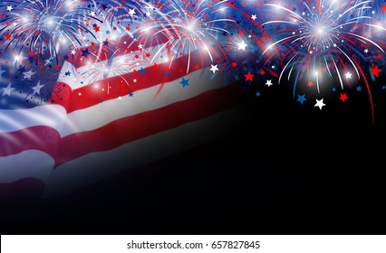 USA flag and fireworks background with copy space