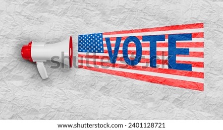 USA flag, Loudhailer or megaphone, loudspeaker. Announcement, elections, campaigning, voting, public hearing concept.