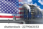 USA flag near factory. American chemical industry. Spherical tanks for oil or gas. USA chemical plant. Chemical industrial equipment. Manufactory in United States of america. USA enterprise. 