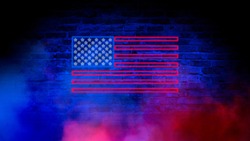 
USA Flag Neon Sign. Night Bright Signboard USA Flag.
American Flag On An Old Brick Wall, Neon Light. National Day USA. Festive Background With American Neon Flag. Dark Room, Corridor, Tunnel Neon 