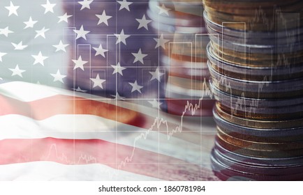 USA Flag Next To Money. Concept - Economy Concatenate States. The Financial Market Of America.