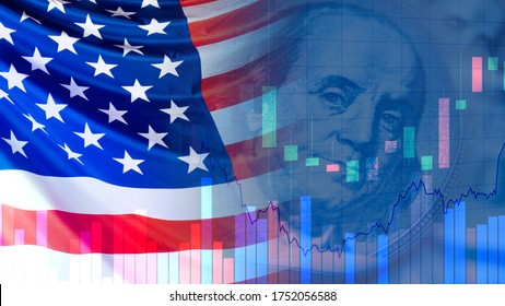 USA Flag Next To A Portrait Of Franklin. Concept - Economy Concatenate States. Financial Market Of America. Concept - Federal Reserve System. US Federal Reserve. Charts Symbolize Market Changes.