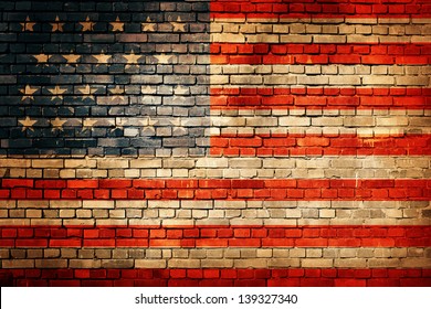 USA flag on old brick wall