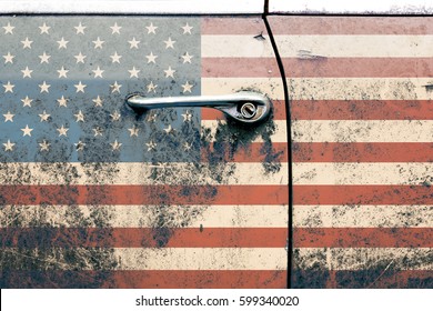 Usa Flag On Old Car Door. Retro Photo. America. Interior Poster. 80s. Grung Background