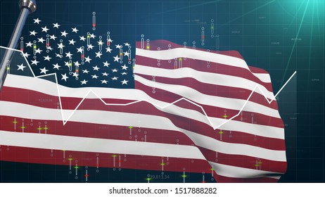 USA flag on stock market background, trade finances NYSE NASDAQ, dollar currency