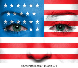 USA Flag Painted On Woman Face