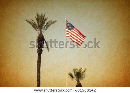 USA flag with palm trees vintage grunge image