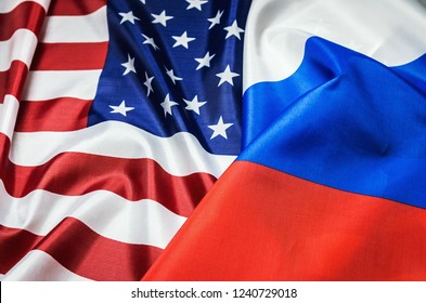 Usa Flag And Russia Flag Background. Textile Flags Of The World