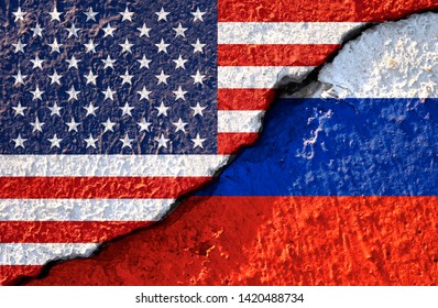 USA Flag And Russia Flag On Cracked Wall Damage. 