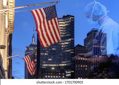 Usa Flags Hanging With Transparent Male Nurse - Coronavirus Usa Concept