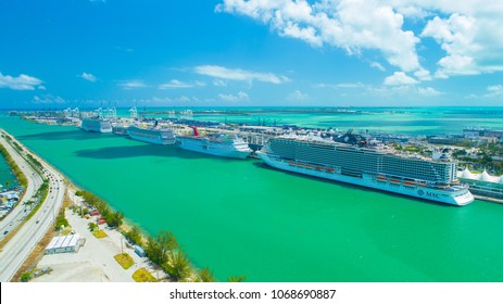 USA. FLORIDA. MIAMI BEACH. APRIL, 2018: Cruise ship entrance to Atlantic Ocean, from Miami port.   