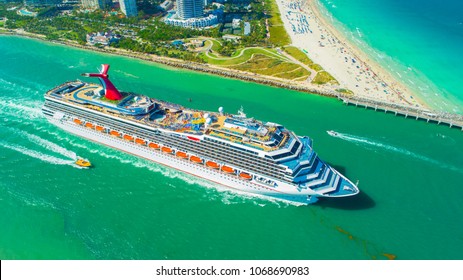 USA. FLORIDA. MIAMI BEACH. APRIL, 2018: Cruise Ship Entrance To Atlantic Ocean, From Miami Port.   