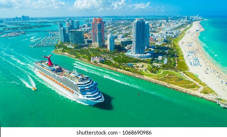 USA. FLORIDA. MIAMI BEACH. APRIL, 2018: Cruise Ship Entrance To Atlantic Ocean, From Miami Port.   