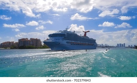 USA. FLORIDA. MIAMI BEACH. AUGUST, 2017: Cruise ship entrance to Atlantic Ocean, from Miami port.