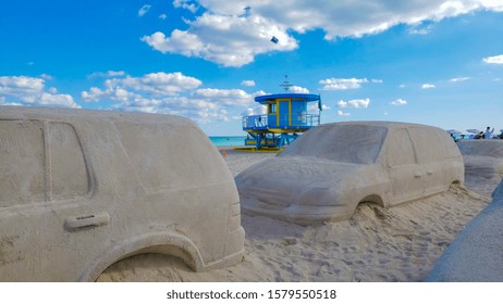 USA. FLORIDA. MIAMI BEACH. December, 2019: Installation Traffic Cars On Miami South Beach Art Basel.
