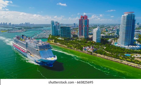 USA. FLORIDA. MIAMI BEACH. JUNE, 2017: Cruise ship entrance to Atlantic Ocean, from Miami port.  