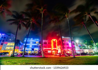 USA. FLORIDA. MIAMI BEACH. MARCH 2019: Night view of South Beach-Ocean drive street, historical hotels Art deco design. 