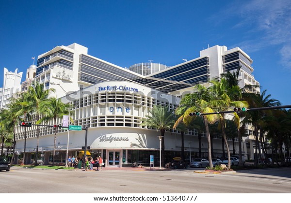 USA, FLORIDA, MIAMI:\
NOVEMBER 10, 2016. Renovated Ritz Carlton Hotel in Art Deco\
architectural district, one of the main tourist attractions in\
Miami, South Beach.