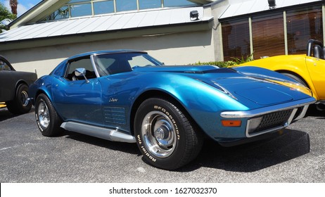 USA, Fort Lauderdale - May 21, 2017 - 60s Blue Corvette Stingray At Street Auto Show In Florida