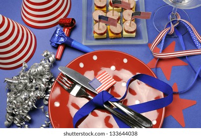 USA Happy Fourth 4th Of July Party Table Setting With Flags, Ribbons, Polka Dots, And Stars And Stripes Decorations.