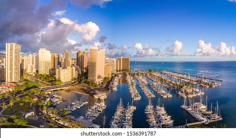 USA, Hawaii - August 30, 2018: Aerial View Of The Ala Wai Boat Harbor In Honolulu