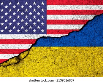 USA helps Ukraine in war. Stop the war concept. United states of America and Ukrainian country flags on cracked concrete wall background - Shutterstock ID 2139016839