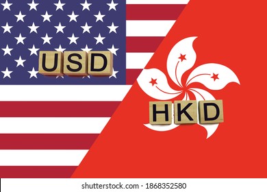 USA and Hong Kong currencies codes on national flags background. International money transfer concept