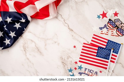 USA independence day party element top view flat lay on solid marble background