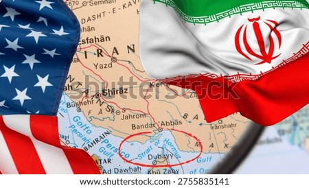 USA and Iran Flags Overlapping a Middle East Map with the Strait of Hormuz Circled, Illustrating Geopolitical Tensions and Strategic Oil Chokepoint Competition