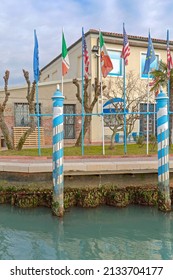 Usa Italy EU Flag Poles At Murano Island