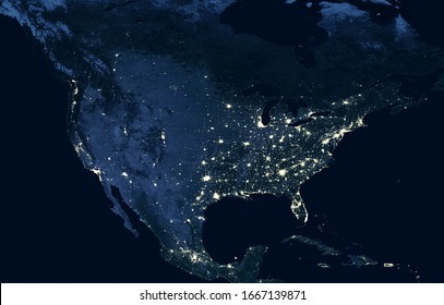 USA Map At Night, View Of City Lights From Space. US, Canada And Mexico On Dark Map In Global Satellite Picture. United States Territory Glowing In North America. Elements Of Image Furnished By NASA.