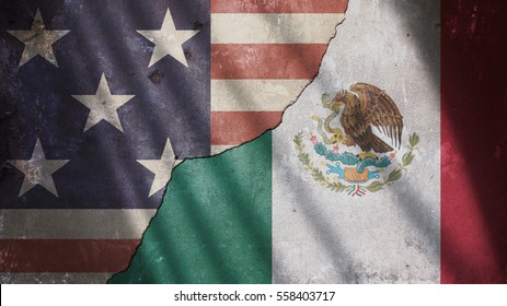 Usa And Mexico Flag On Cracked Concrete Wall With Gate Shadow