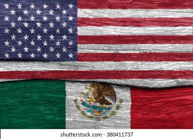 Usa And Mexico Flag On Wood  Background