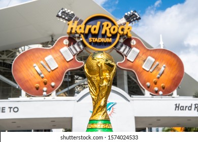 USA, Miami, October 2019: World Cup FIFA On Background Hard Rock Stadium Which Will Host The 2026 World Cup Games