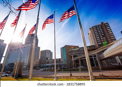 USA National Flags Poles On The Jefferson Avenue In Detroit, Michigan