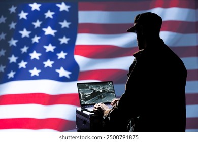 USA NATO army operative conducts tactical reconnaissance, utilizing laptop for data analysis and mission planning. United States military agent looking at aerial map on screen, pinpointing targets - Powered by Shutterstock