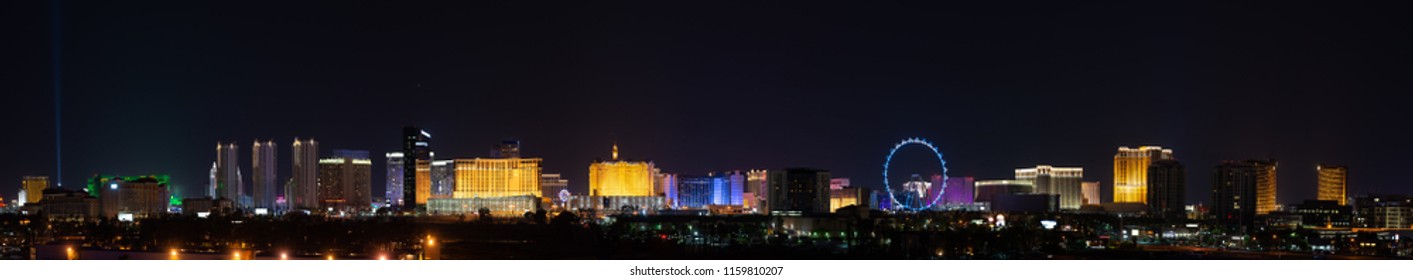 USA, Nevada, Clark County, Las Vegas. The Bright Neon Lights Of The Skyline Of The Strip Casinos.