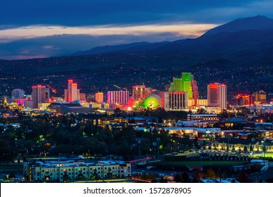 USA, NEVADA, RENO - OCTOBER 30, 2014: Reno skyline on October 30, 2014. It's known as The Biggest Little City in the World, famous for casinos and the birthplace of the gaming Harrah's Entertainment.