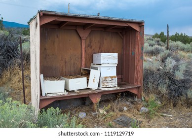 USA, Nevada, White Pine County, David E. Moore Bird And Wildlife Sanctuary. Hive Boxes For Bees At The Circle M Ranch Outsite Great Basin National Park.