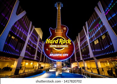 USA. NEW JERSEY. ATLANTIC CITY. JUNE 2019: NEW SIGN HARD ROCK HOTELS. CENTRAL ENTRANCE WITH GUITAR. 